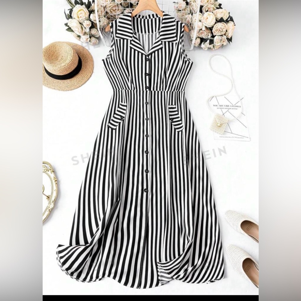 SHEIN vertical stripe button front shirt dress 2XL black and white nwot